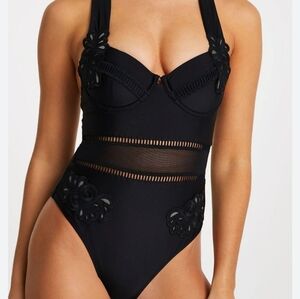 River Island Lace Trim Underwire One- Piece Swimsuit